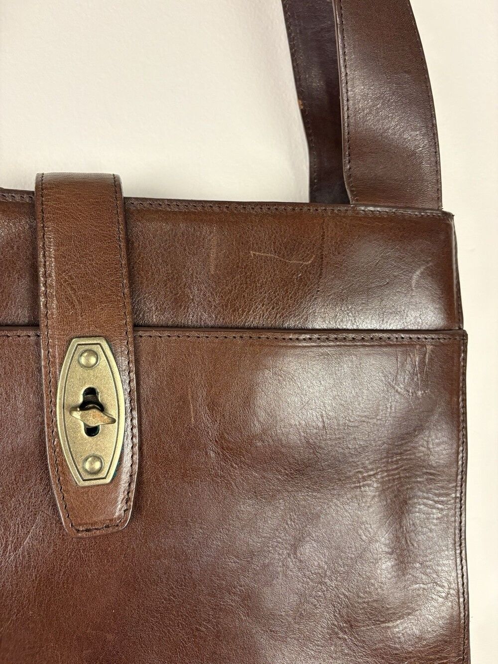 Vintage Fossil Brown Leather Shoulder Bag Tote Turn Key Clasp Large Structured - Picture 3 of 9
